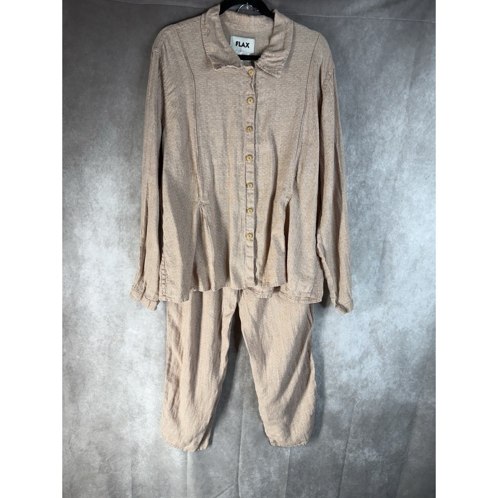 FLAX 2 Piece Linen‎ Woven Lagenlook Pant Set In Pink Women's Size L
